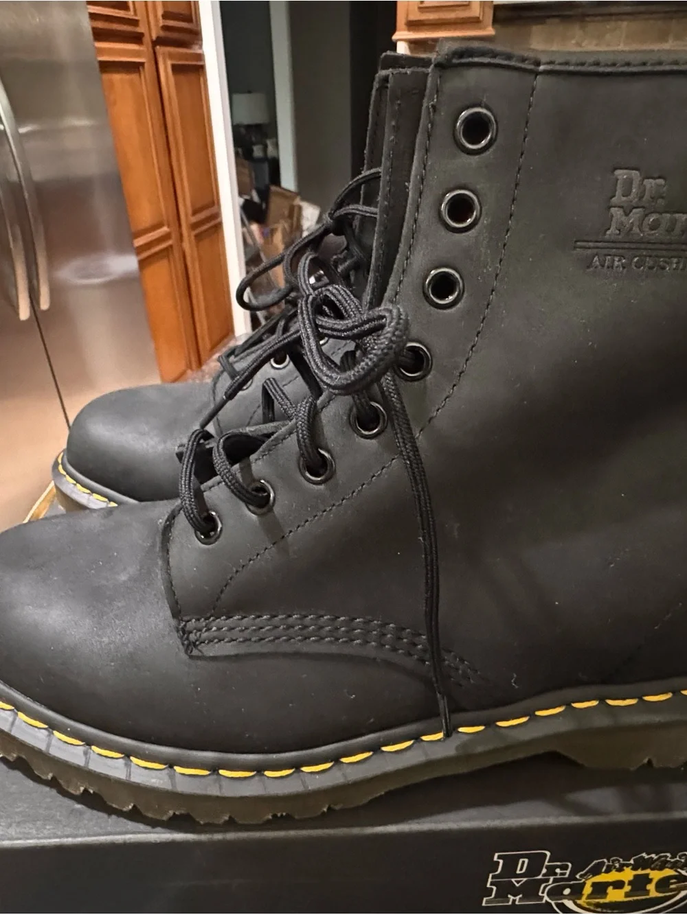 Dr. Martens Black Leather Lace-Up Boots with Yellow Stitching